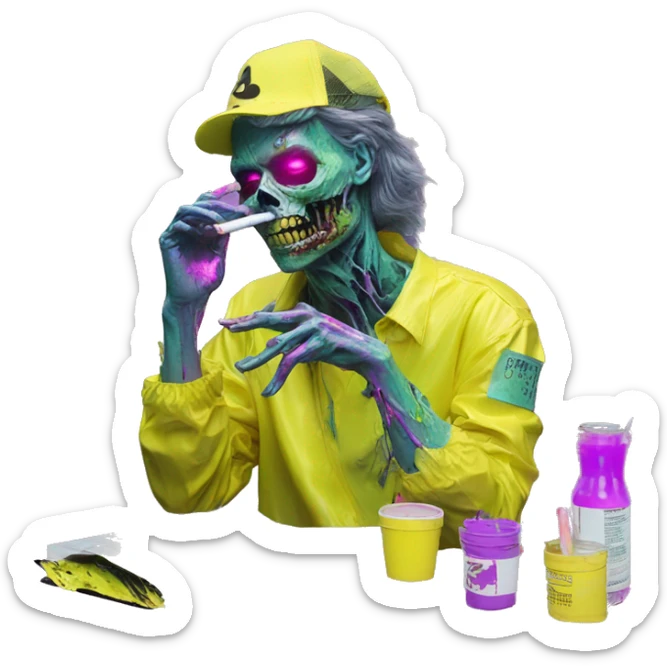 .Zombie_ Smoking Vaporwave black holographic oilslick zombie unicorn yellow caution tape  sticker