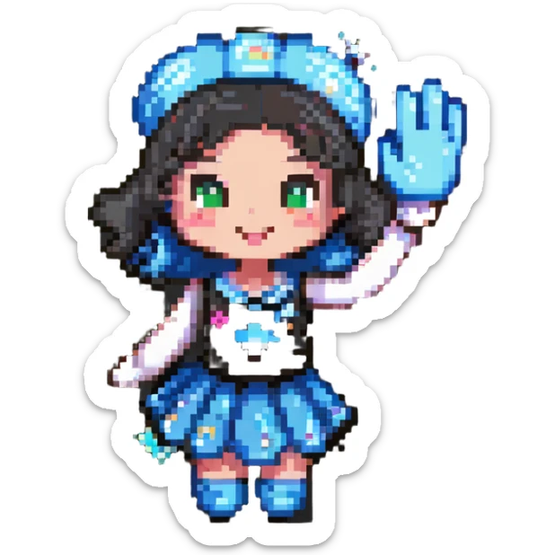 pixel art of a battery girl mascot with a skirt, waving, sparkles around her sticker