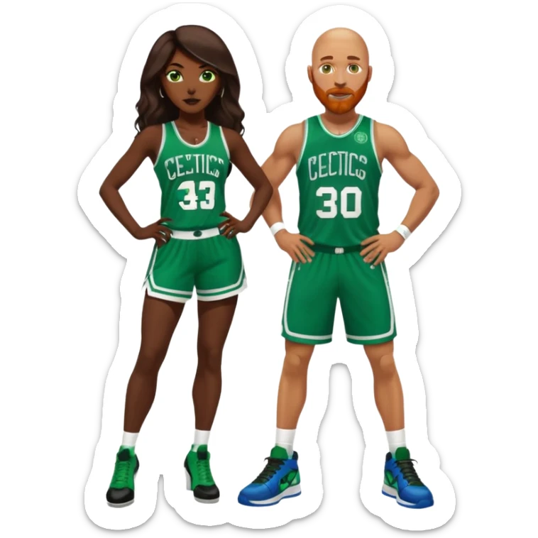 48-year-old dark skin black woman with brown eyes, long dark brown hair dressed in sexy 
celtics jersey costume outfit & stilettos heels. A bald white man with ginger beard. he has blue/green  eyes, wearing a Jason Tatum Boston Celtics Jersey & green Nike sneakers  sticker