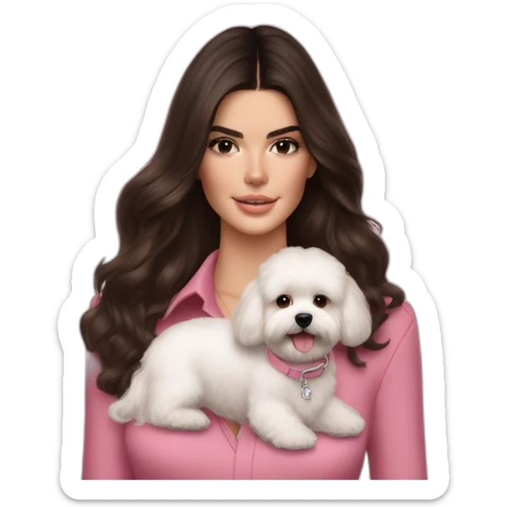 brunette Kendall Jenner with long hair holding white maltipoo in pink collar sticker