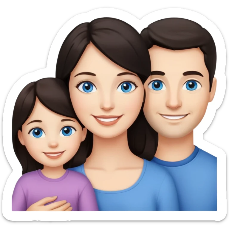 a mother with dark hair and blue eyes with her daughter and her husband sticker