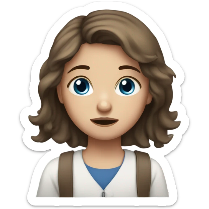 A girl with brown hair, blue eyes, and freckles, tired of studying sticker