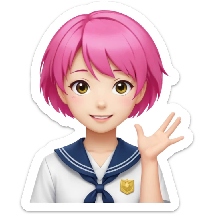 Anime girl with short bright pink hair wearing Japanese sailor style school uniform, composed posture with hand on hip but with excited smile and sparkling eyes, happy expression sticker