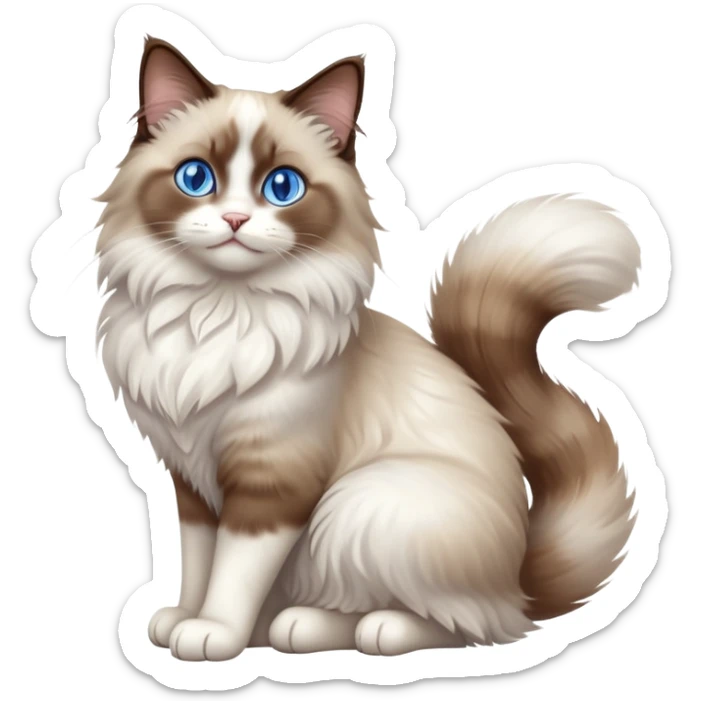 cinematic-[brown and white ragdoll cat]-realistic-full-body-sitting-emoji,-tail-curled-playfully-around-its-paws,-head-tilted-dramatically,-fluffy-[brown and white]-fur,-simplified-yet-realistic-focused-features,-highly-detailed,-glowing-with-an-almost-sarcastic-glow, with blue eyes sticker