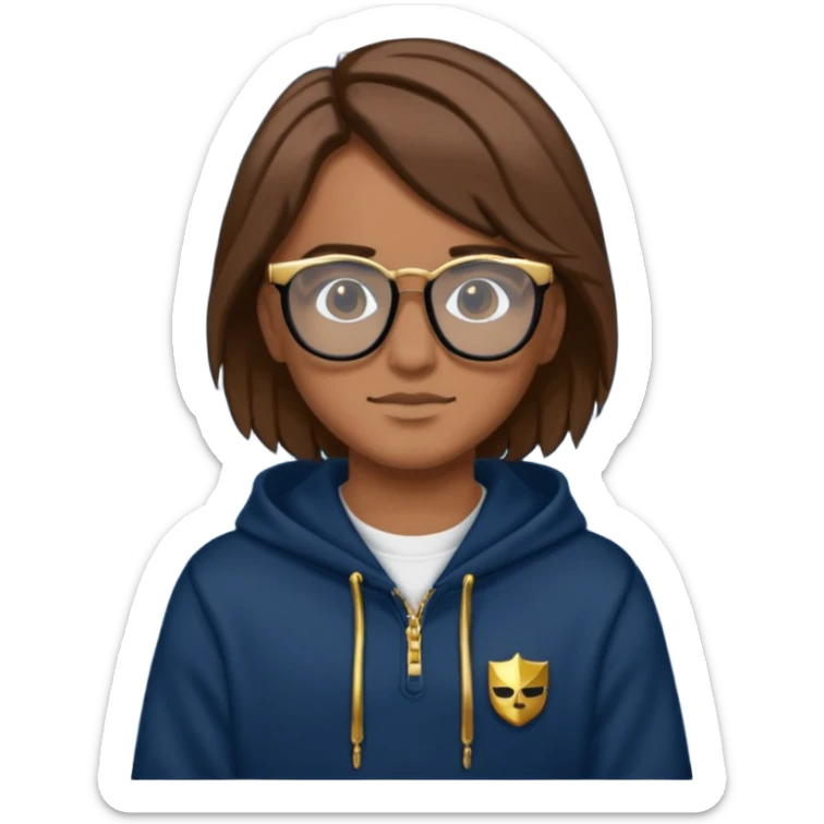 Brown hair with black glasses and the lends of glasses are black and a dark blue hoodie that says caylus kingdom with black pants and a gold chain sticker