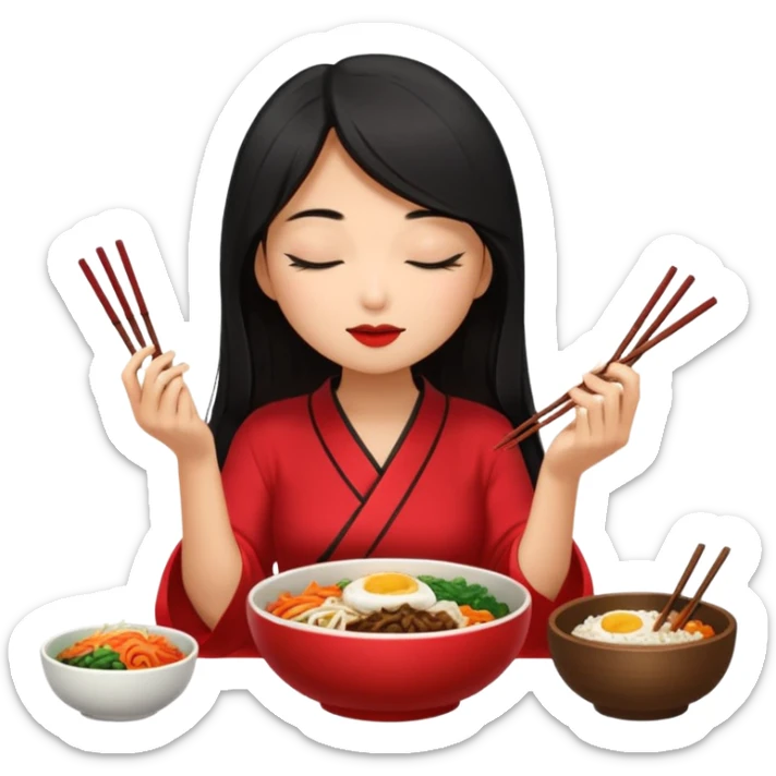 Girl with black long hair with red dress eat bibimbap close eyes chopstick sticker