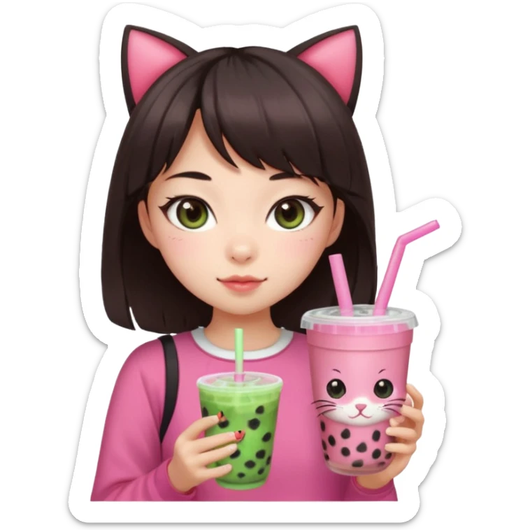 Pale asian girl with cat eyes big pupils with dark brown hair side bangs t the left and layered hair towards the inside with pink bow on hair and pink outfit holding a watermelon bubble tea sticker