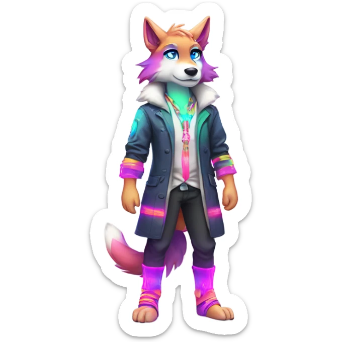 Anthro Colorful Shiny Fionbri-Falvie-sparkle-wolf-sona with neon markings full body sticker