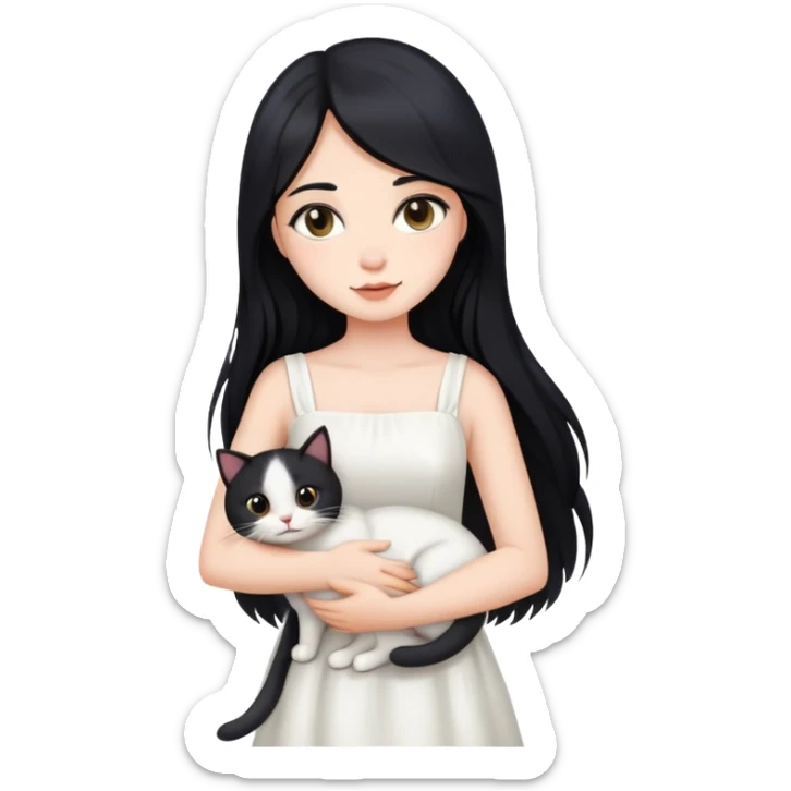 beautiful girl with long black hair wearing a white dress holding a cat in her arms sticker