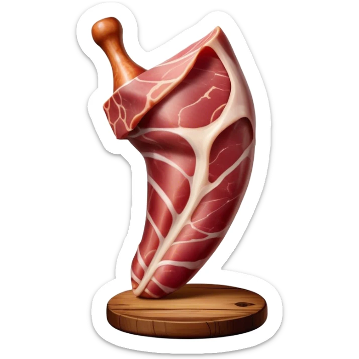 ​Cinematic Realistic Spanish Jamón Leg, depicted as a massive, cured leg of Jamón serrano with a deep reddish-brown hue, intricately marbled and slightly glossy with age, elegantly displayed on a rustic wooden stand and bathed in warm, soft lighting that accentuates its artisanal heritage, sticker