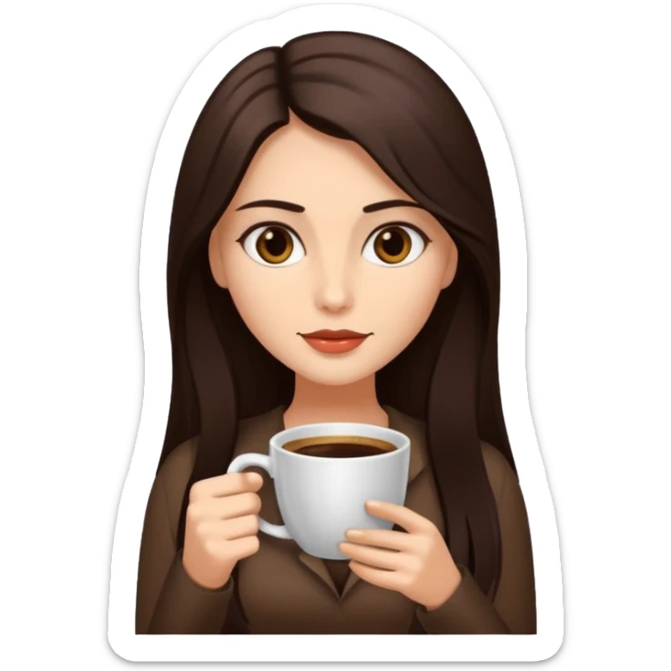 Straight Dark Brown long haired sexy woman with dark brown eyes with cup of coffee sticker