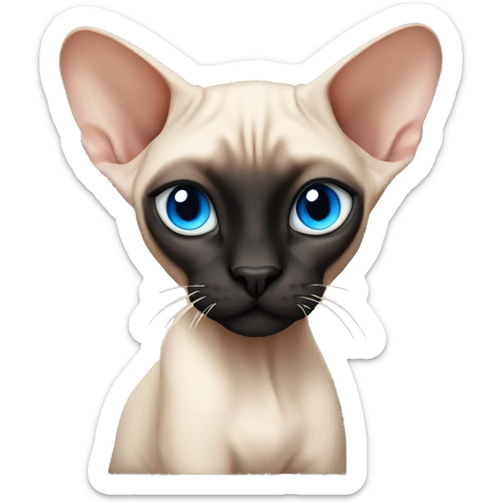 Siamese Sphynx  cat with blue eyes, full body, black nose , big black ears and tail sticker