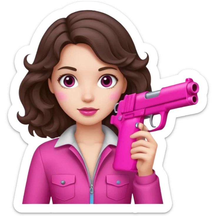 brunette girl with wavy hair holding a hot pink gun sticker