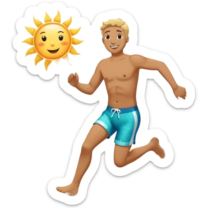 A white man running into the ocean, paisaje embracing the waves and the moment. The sun shines warmly, and the water sparkles, symbolizing the joy of creating fun and appreciating life’s simple moments. Their footprints in the sand fade as they fully immerse themselves in the present. sticker