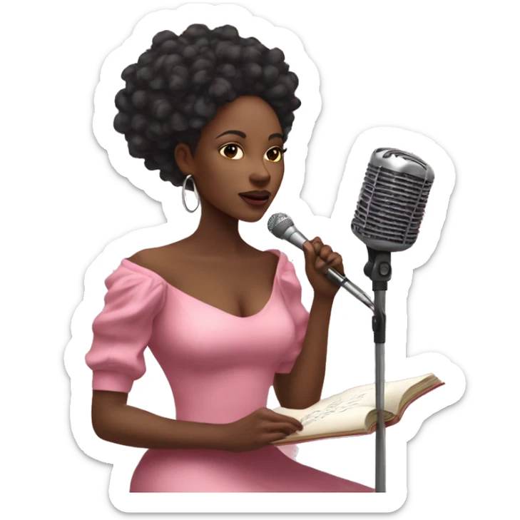 Beautiful Black woman doing poetry with mic pink dress  sticker