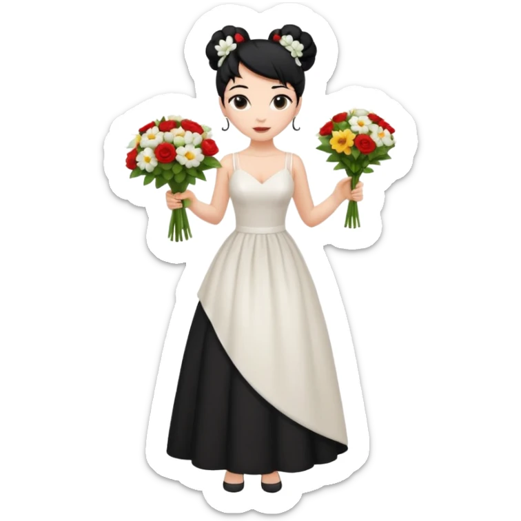 Chica blanca,cuerpo entero, vestido boda asimétrico tirantes , pelo negro,   1 ramo de flores , pelo recogido en moño alto sticker