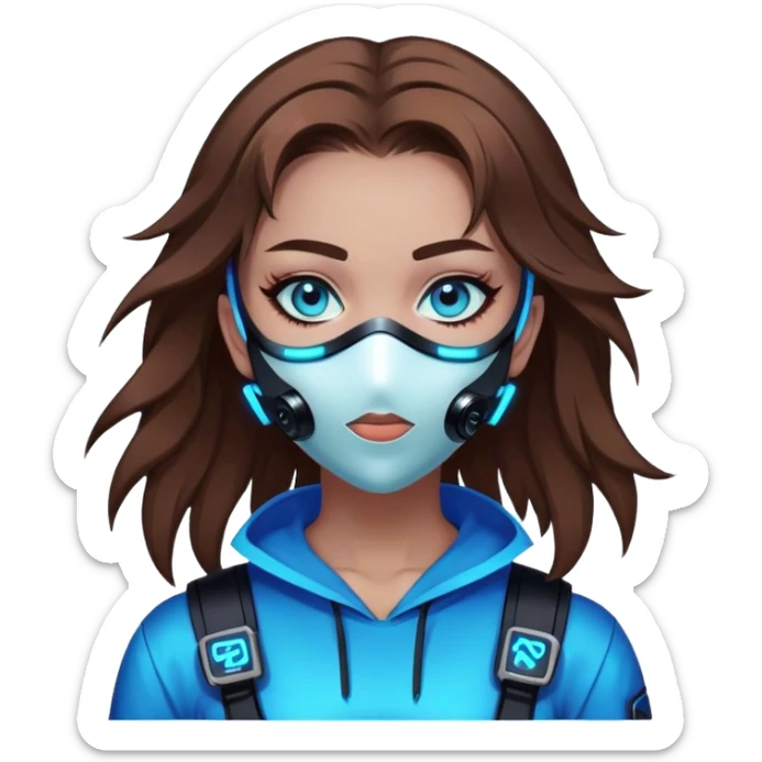 neon cyberpunk style 
girl with brown hair and blue eyes wearing a mask sticker