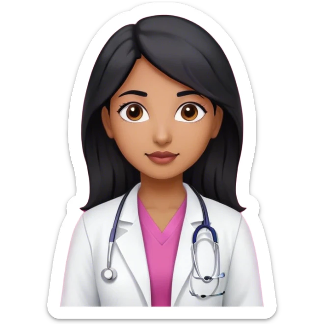A indian female doctor with black hair wearing white lab coat over dark pink scrubs  sticker