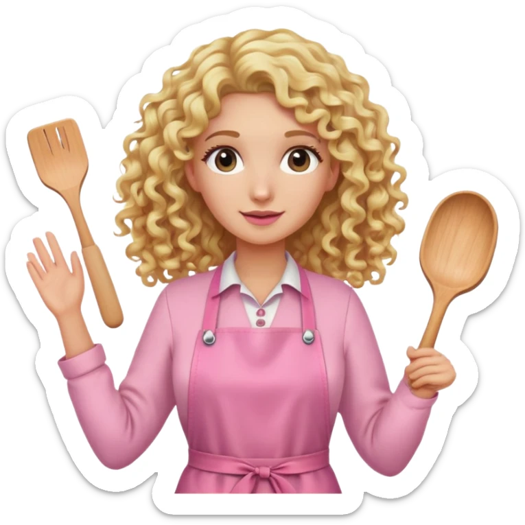 Blonde curly long hair lady with a pink craftenour apron  sticker
