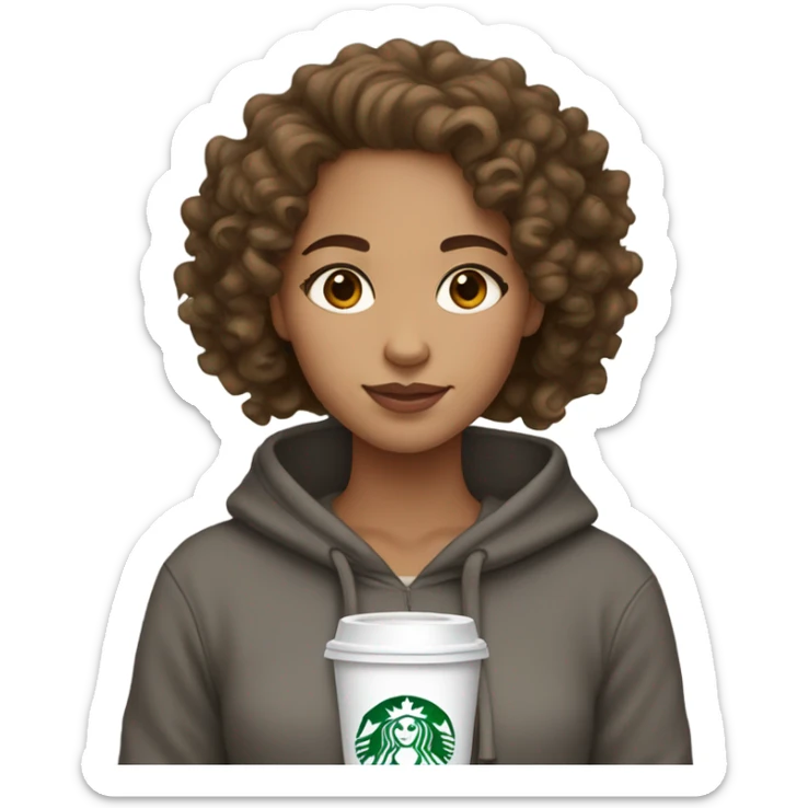 Light skin girl with gray hoodie, brown, curly hair, brown eyes with Starbucks sticker