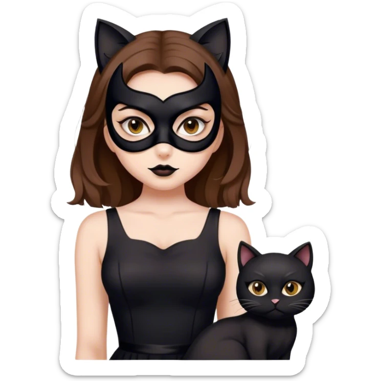 Girl with brown medium hair, white skin, in black dress with black cat mask sticker