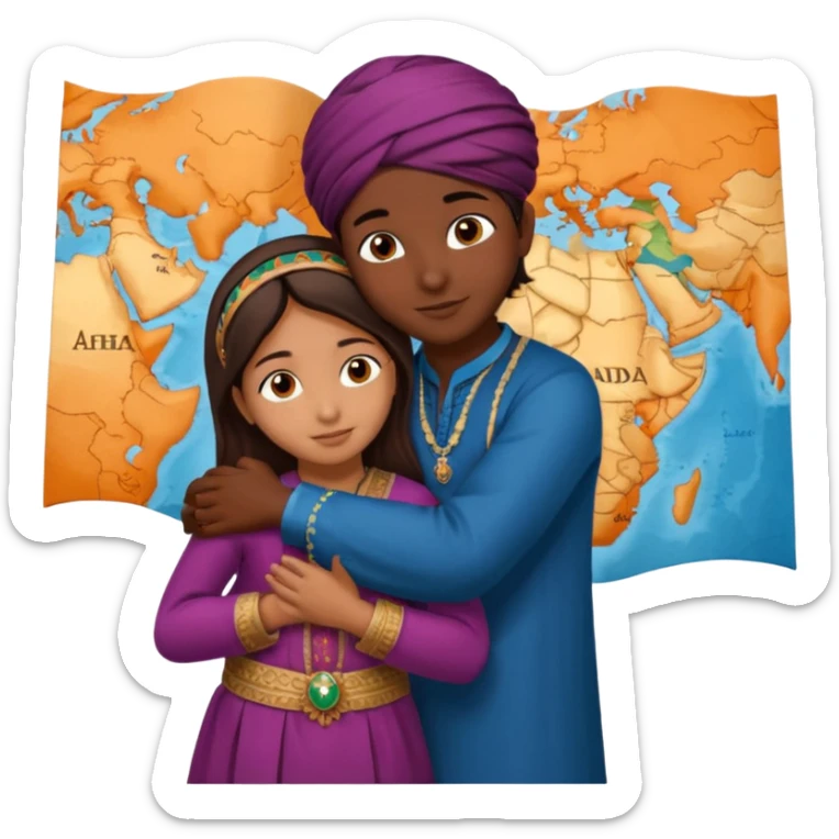 An Afghan girl and Indian boy who are in long distance relationship hug each other from distance.  Afghan girl from on Afghanistan map and boy on India map, they hug each other from this distance. sticker