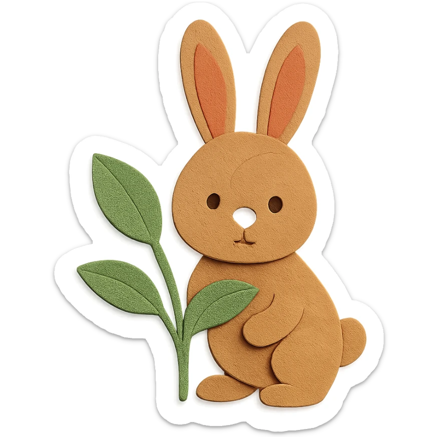 full-body cinnamon bunny peeking behind a plant, paper-craft style, ears even and aligned sticker
