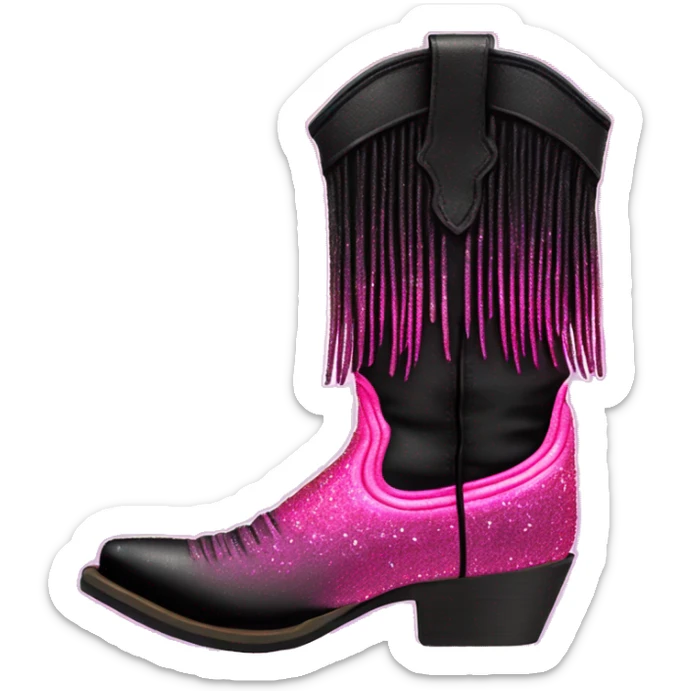 Realistic short neon pink to black ombre fashion cowgirl boot with sparkly shiny glitter fringe on them. sticker