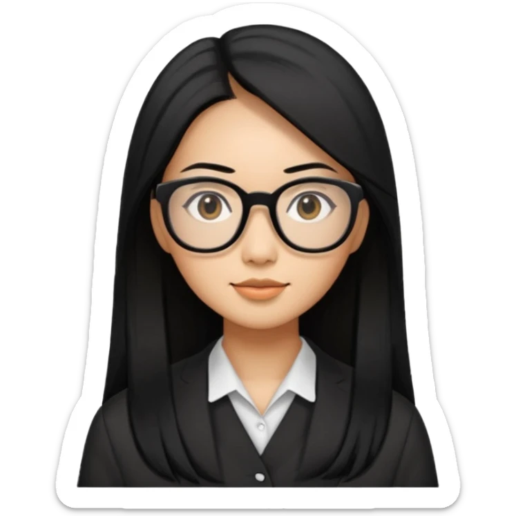 30 yr old asian woman, straight thick long black hair, big black glasses, side part sticker