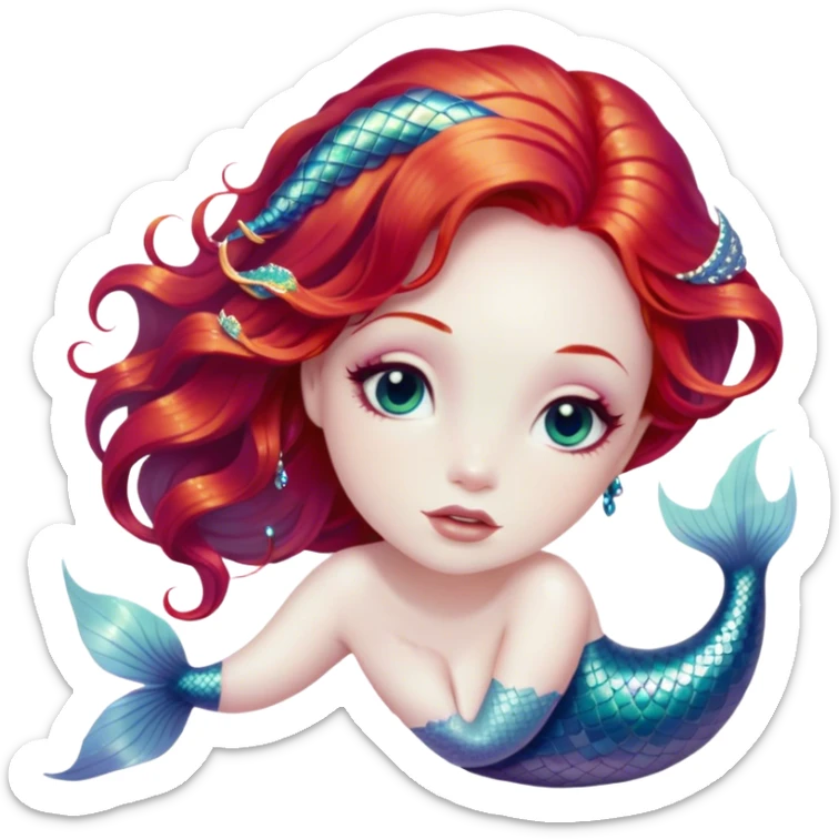 Cinematic Realistic Red Hair Mermaid Portrait, depicted with lifelike porcelain white skin that glows with an ethereal radiance, enhanced by soft underwater lighting. Her intricately detailed, flowing red hair cascades like liquid fire, framing deep, soulful eyes that mirror the mysteries of the deep sea. Accented by shimmering, iridescent scales and delicate aquatic embellishments, the portrait features an enchanting underwater glow that marries realism with mythic ocean elegance. sticker