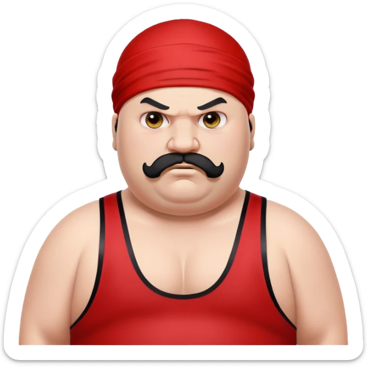 Extreme close-up of face of morbidly obese white skin guy with young face, prominent BLACK DURAG tied clearly on head, distinct black beard and mustache, black eyes in a red and black wrestling singlet with angry expression sticker