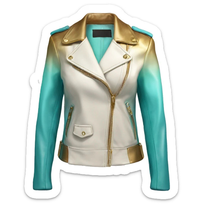 Hyper Realistic side view of an open light tiffany blue,cream and gold ombre feminine fashion leather jacket. sticker