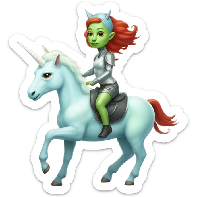[politically incorrect
	{ woman: alien, color: light green, hair:red, eyes:cat} ]
	on a 
	[{ unicorn: white, legged:four, mane: light blue }] sticker