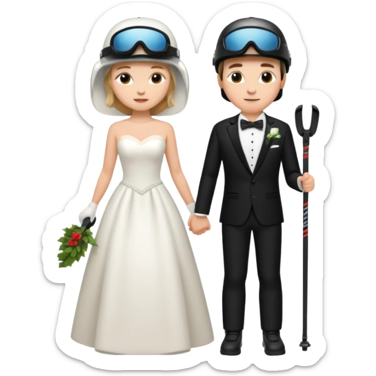 a recently marries couple skiing, ski helmet on in wedding dress and tux sticker