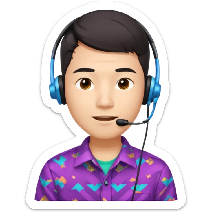 A young Asian man with smooth light skin, dark hair that swoops upward in the front, expressive eyes, a clean-shaven face, and a call-center style headset over one ear, flamboyent  sticker