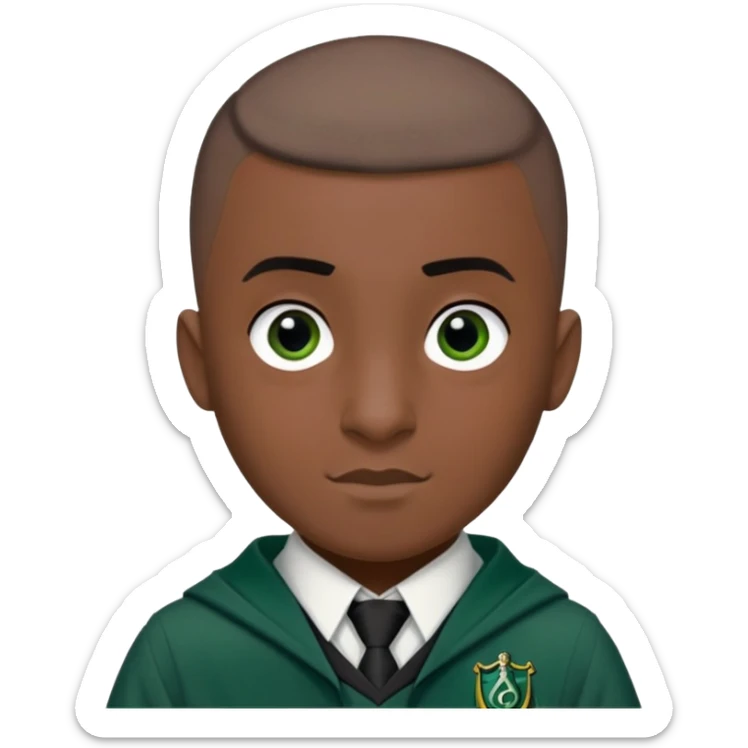 louis cordice is Blaise Zabini in harry potter, wear hogwarts slytherin uniform, Buzz Cut hair, black skin, long face sticker