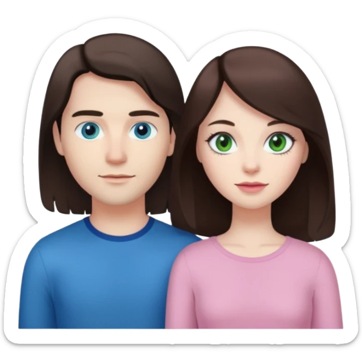 pink polaroid photo of a couple thats white with long brunette hair blue eyes and a white guy with short brunette hair and green eyes sticker