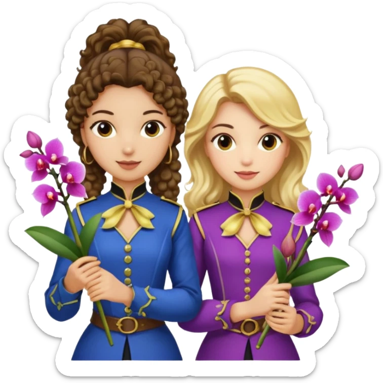 3 female musketeers, one with dark brown curly hair, one with straight blond hair, one eith blond hair on pony tail, all holding orchids sticker