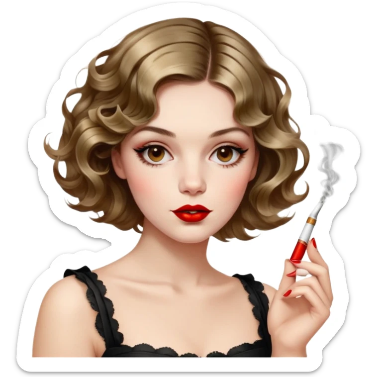Alluring 1870's French girl french shiny wavy textured bob haircut tousled hair red lips smoking cigarette sticker
