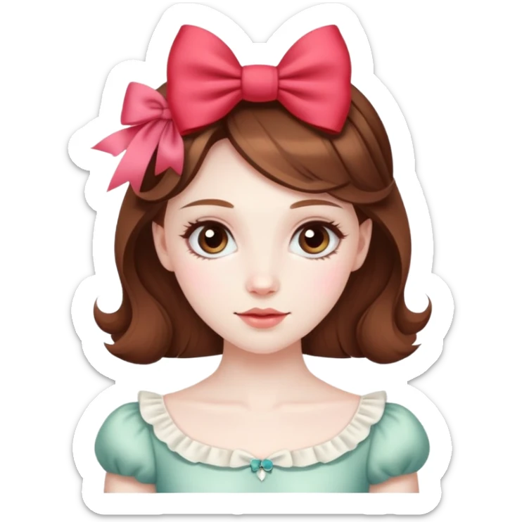 pale skin coquette girl with brown hair, bows, dainty, feminine sticker