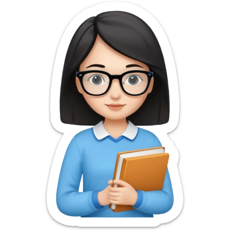 cute girl, glass, smart, Sky-blue colored clothing,
holding a book in one arm and a pen in the other hand.Holding a pen in the right hand as if teaching.Wearing black glasses, with a smart and bright-looking face. sticker