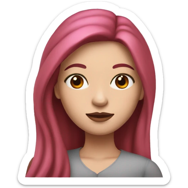 Woman with a white skin that has Long Dark red hair and brown eyes with an eyeliner and lashes coding on a pink macbook sticker