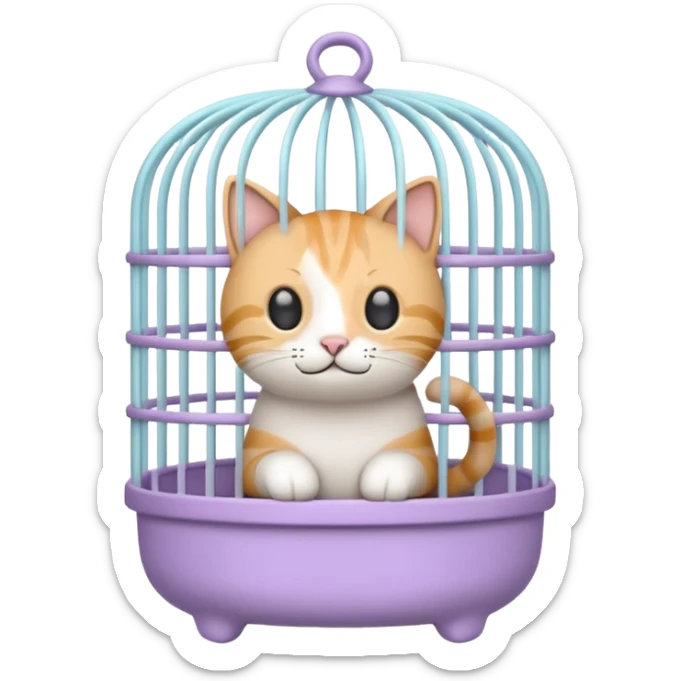 A cute emoji-style cat cage — rounded, cartoon look, clean outline, pastel colors. Vertical metal bars in front, small handle on top, and soft edges. Simple, minimal details, high contrast, with no cat inside sticker