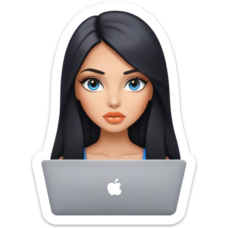 Glamours, tanned, very beautiful girl, with big pump peach lips, black straight smooth silky long hair, straight parting, blue-grey eyes with MacBook sticker