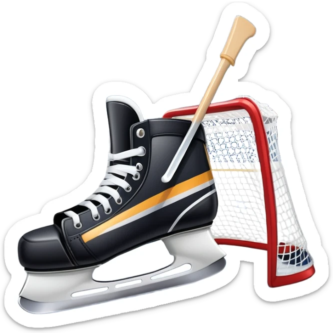 An icon showing a close-up of a hockey stick, puck, skates, and hockey net placed on the ice. The background features a packed stadium with bright lights, cheering fans, and snowy scenery outside. Transparent background highlights the key elements of the game. sticker