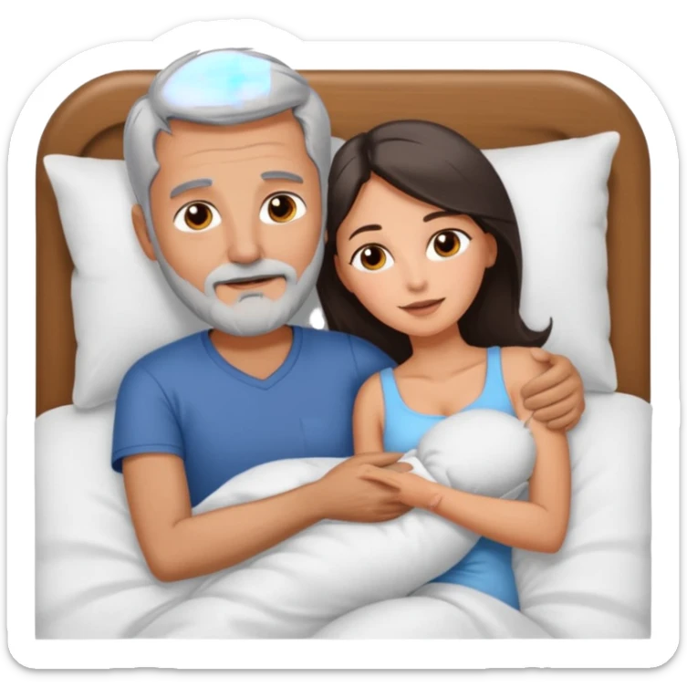 Man with grey hair and beard, and beautiful brunette woman spooning in bed sticker
