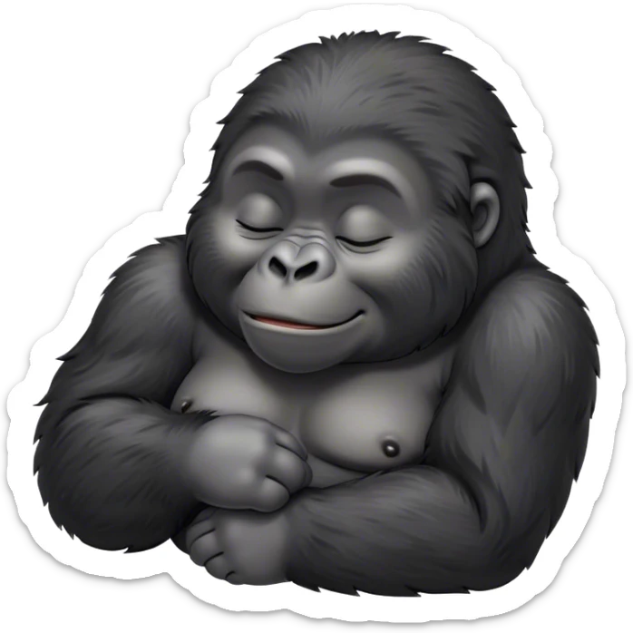 Meme-Worthy cute Sleeping mountain Gorilla Portrait Emoji, Head resting peacefully with a contented smile, showcasing a luxuriously thick black and grey-flecked Fur and eyes gently closed in serene slumber, Simplified yet hilariously adorable features, highly detailed, glowing with a soft, drowsy jungle light, high shine, relaxed and utterly lovable, stylized with an air of playful laziness, bright and heartwarming, soft glowing outline, capturing the essence of a sleeping mountain that feels destined to become the next viral sensation of adorable rest! sticker