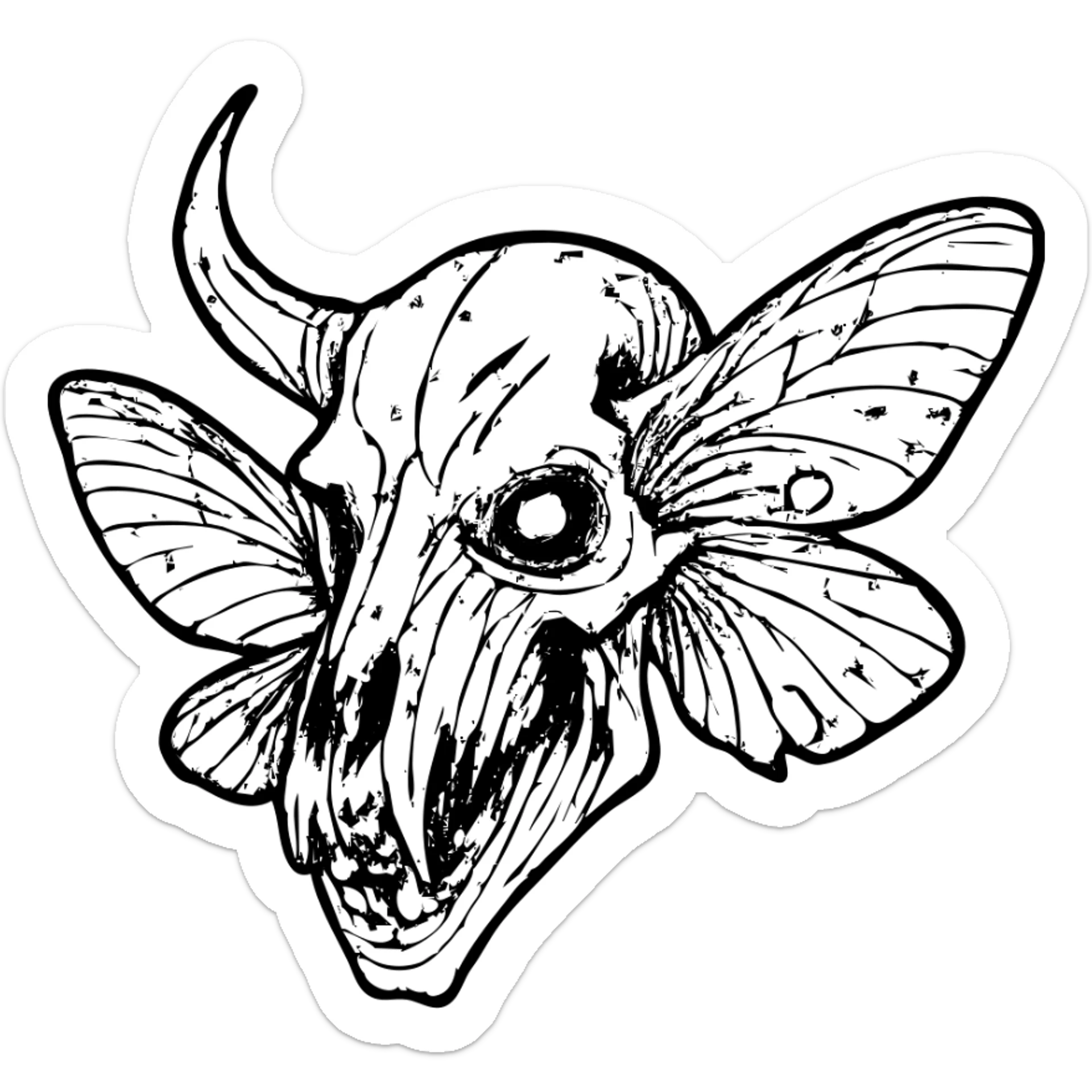 detailed red line art of nightmarish minotaur-stoat hybrid skull with fractured horn and sinister glowing eye, detailed deteriorating moth wings, extensive weathering with deliberately missing pieces, scratched surfaces, and worn edges, twisted asymmetrical features, complex textures, some hollow/transparent sections, 100% red horror imagery sticker