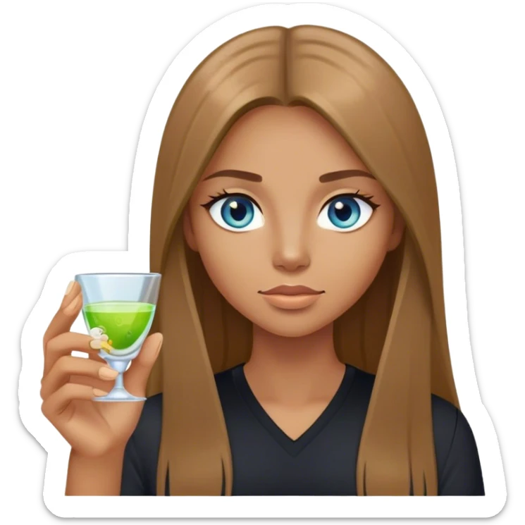 tan woman, black shirt, long light brown straight hair, grey blue eyes, holding a shot with lime sticker