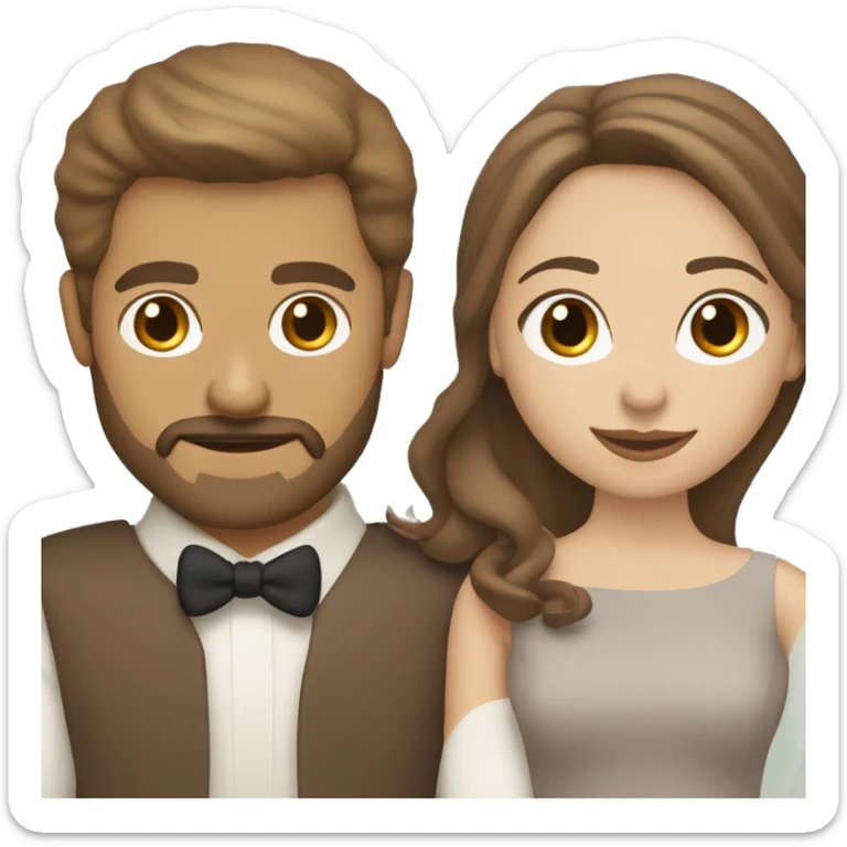 Wedding couple with woman with tan skin, brown hair shoulder length with highlights, sand man with brown hair, beard moustache sticker